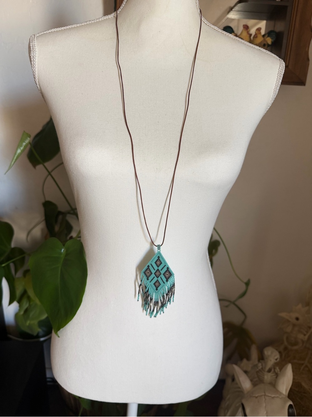 Vintage Turquoise & Black Beaded Fringe Pendant Necklace